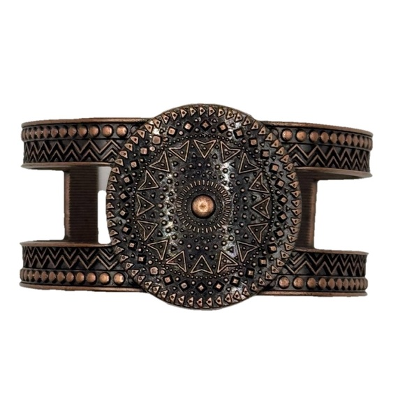 Copper Cuff Bracelet Inspired By Native American Aztec Design. Detailed - Picture 1 of 3